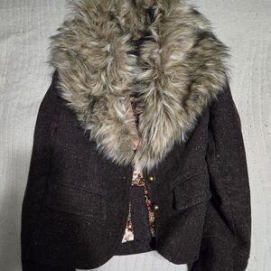 Guess Wool Blazer Jacket Fur Collar Brown XS